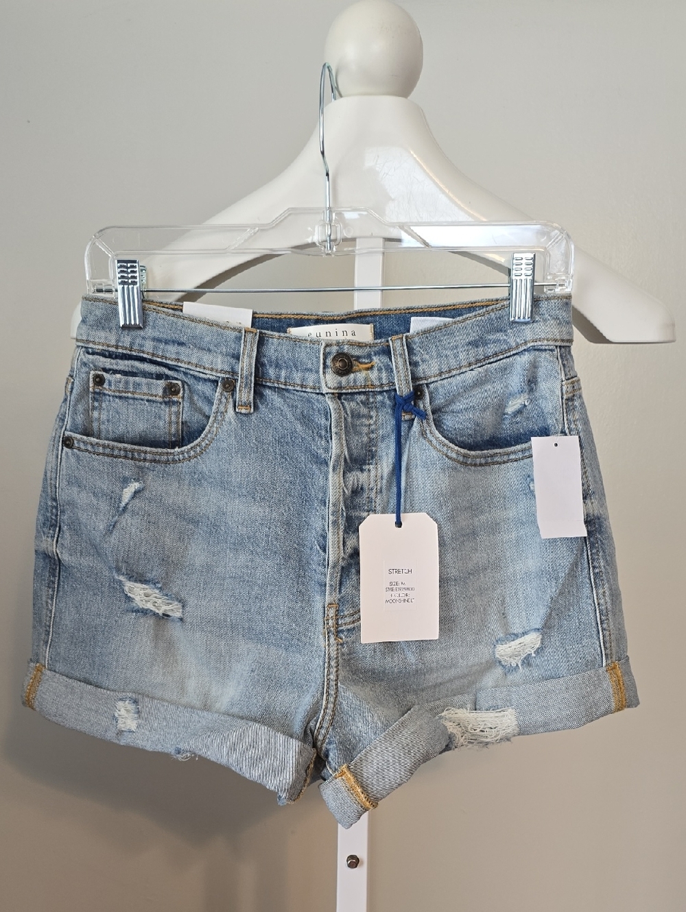 eunina Light Blue Distressed Rolled-Hem Denim Shorts Med NWT